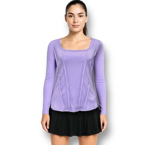 EleVen M Lilac Ribbed Long Sleeve Top Tennis Golf Activewear Stretch Square Neck - Picture 1 of 10